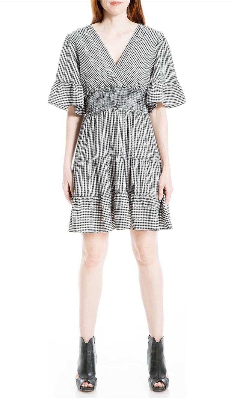 Max Studio Women's Flutter Sleeve Tiered Short Dress Black & White Size: Small